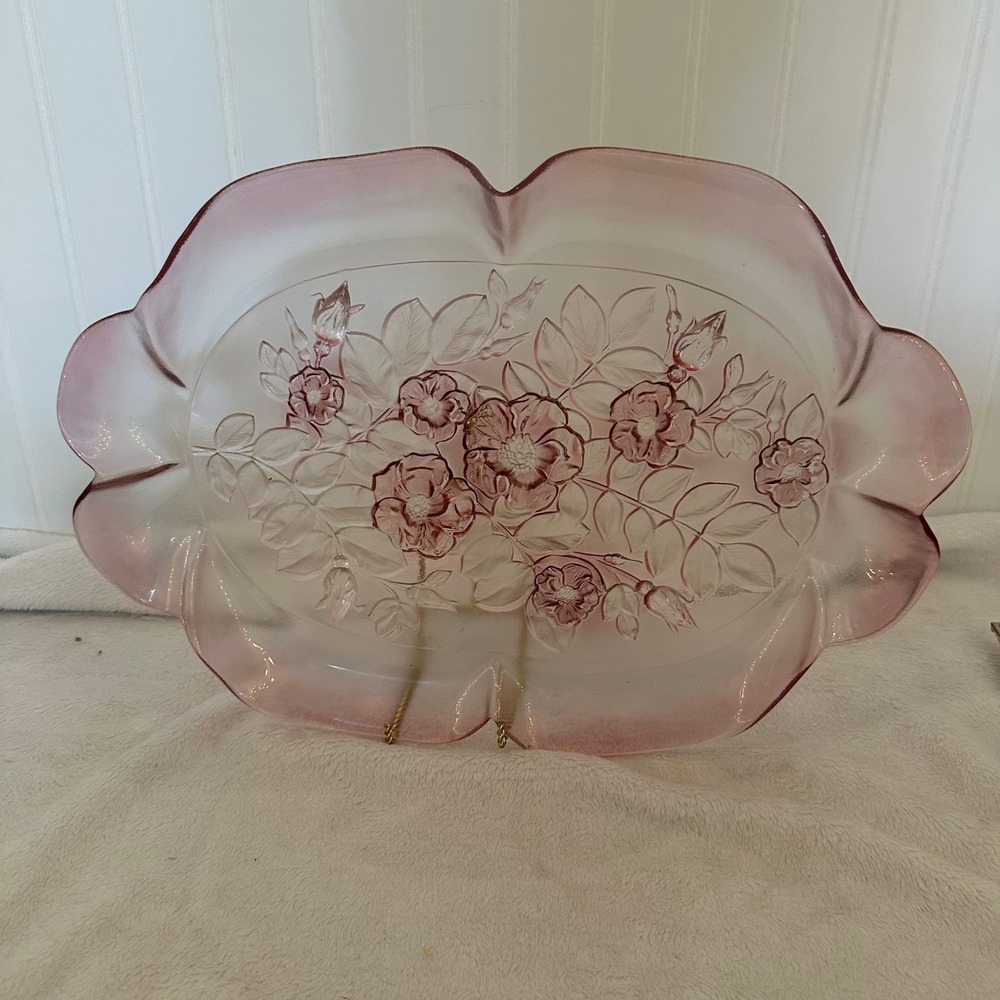 Mikasa Wild Rose Serving Platter Large 16" Pink Frosted Glass Excellent Floral
